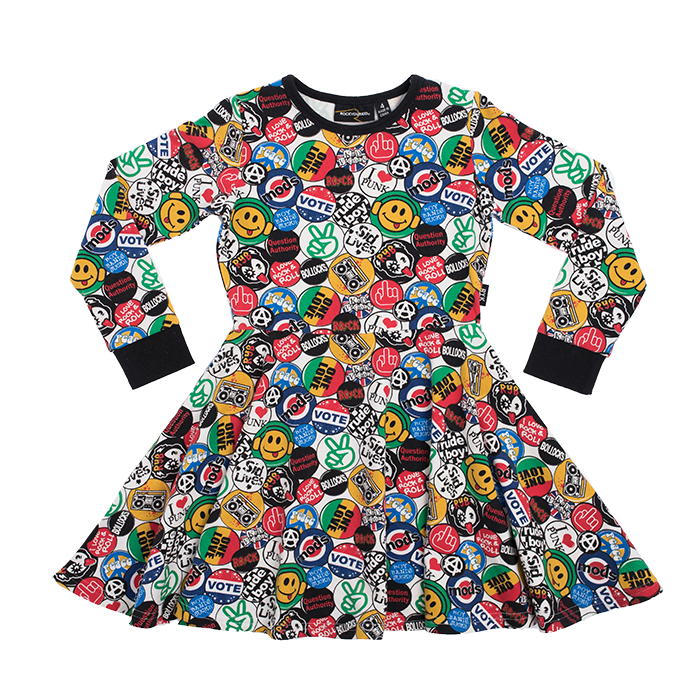 Rock Your Kid Retro Badges LS Waisted Dress